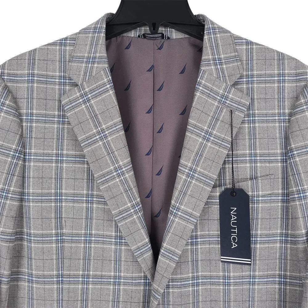 Nautica Mens Modern Fit Sport Coat Blazer 40R Grey Blue Plaid Stretch NWT
